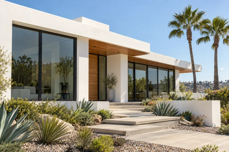 A modern San Diego home with floor-to-ceiling windows and glass doors