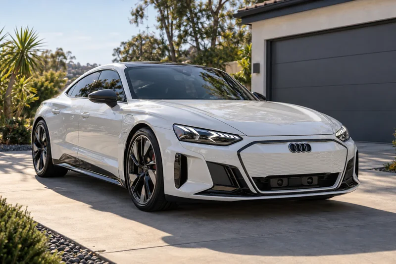 Pearl white Audi RS e-tron GT with paint protection film, a flawless gloss